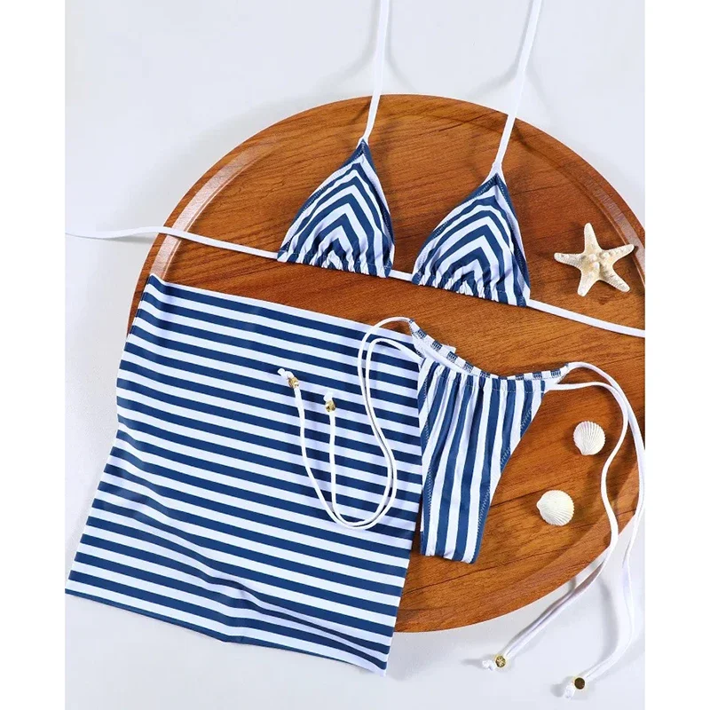

Striped Bathing Suit Women Micro Bikini Sexy Triangle Lace Up Bikini Set Mini Skirt 2025 New Spice Girl Three Piece Beachwear