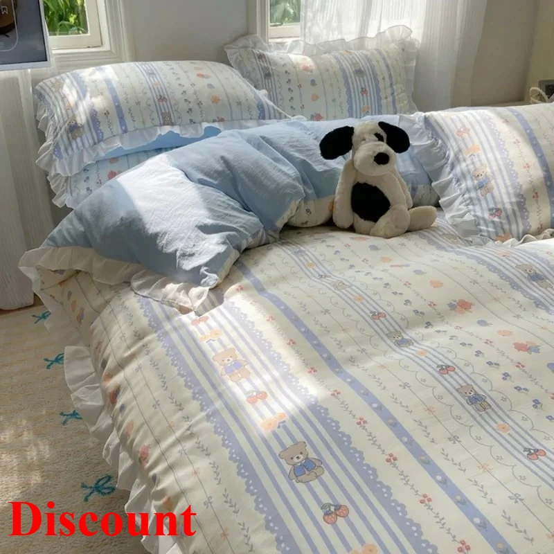 2025 new Ruffle Duvet Cover Set Queen Flower Leaf Comforter Covers 4Pcs Soft Luxury Pastoral Garden Washed Cotton Bedding Set