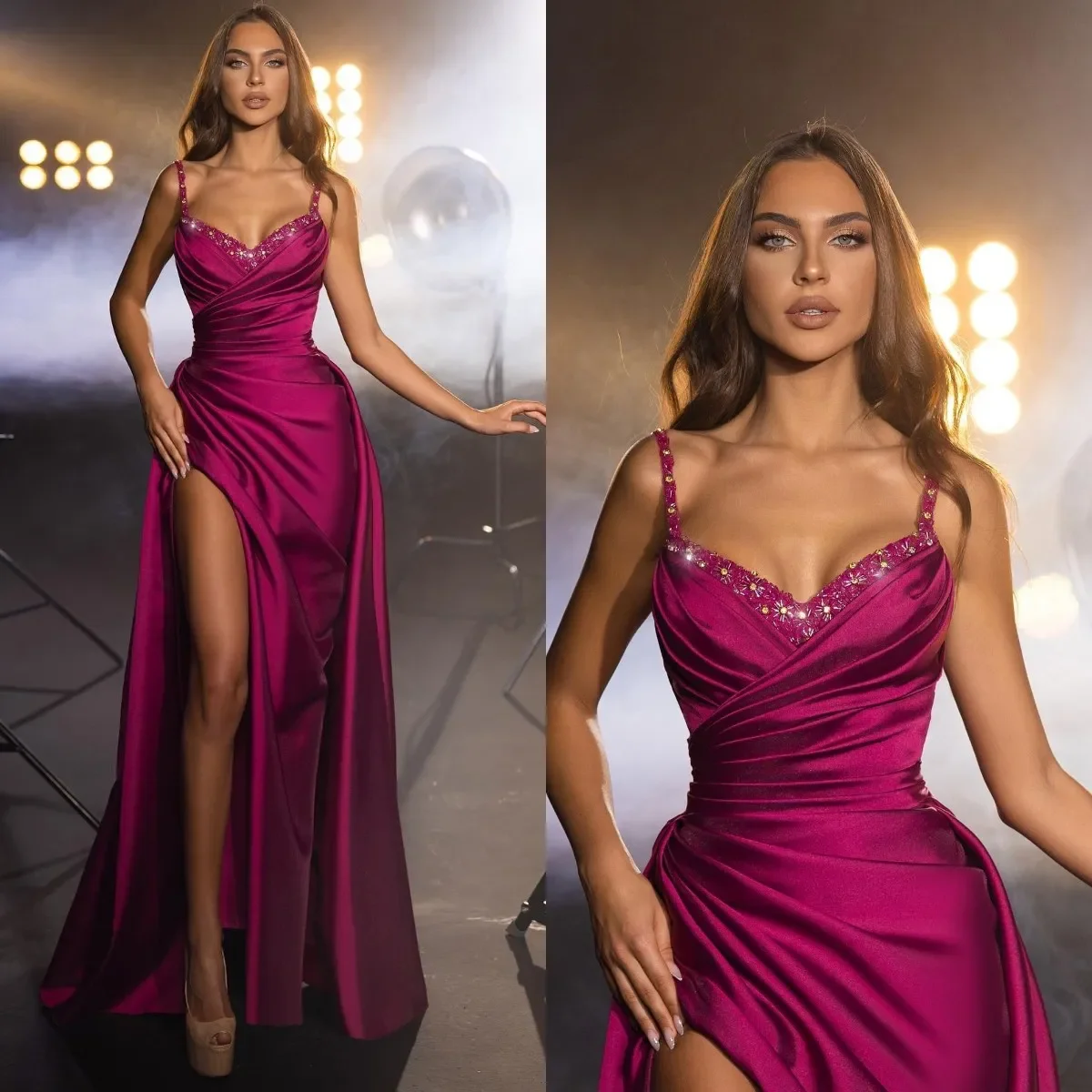 Luxury crystal evening dress sexy V-neck Italian shoulder halter party pleated formal long red carpet ball dress new 2024