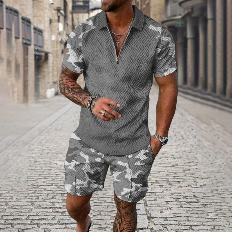 Men Polo Tracksuit 2 Piece Set 3D Print Camouflage Color Zipper Polo Shirt ShortsS ummer Man Clothing Polo Shirt Suit Clothing