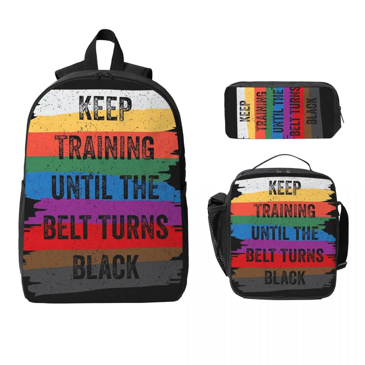 空手デザインベルトが黒くなるまで練習を続ける-transp-lightarent-バックパックスクールバッグ-3ps-断熱ランチバッグ鉛筆ケース
