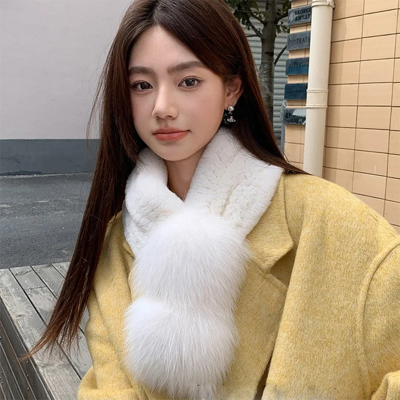 Fashion Women Korean Scarf Soft Rex Rabbit Fur New Real Fur Fox Fur Winter Casual Cute Warm Children's Bib 2023