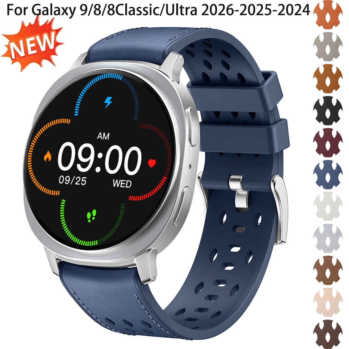 Leather + Silicone Band for Samsung Galaxy Watch 9/8/8Classic 40/44/46mm Breathable Sport Strap for Galaxy Ultra 2026/2025/2024