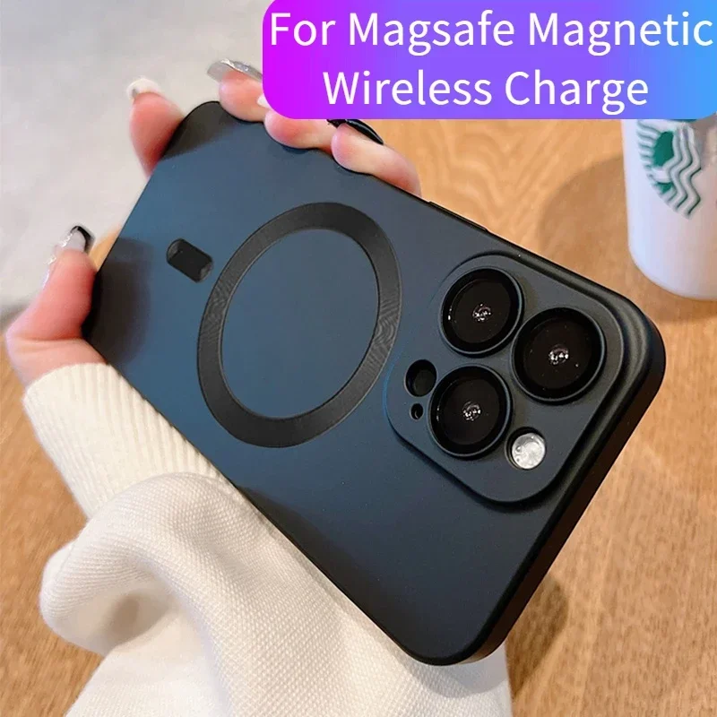 Luxury Hight End Black Soft For Magsafe Magnetic Wireless Charging Case For iPhone 16 15Plus 11 13 14 Pro Max 12 Lens Film Cover