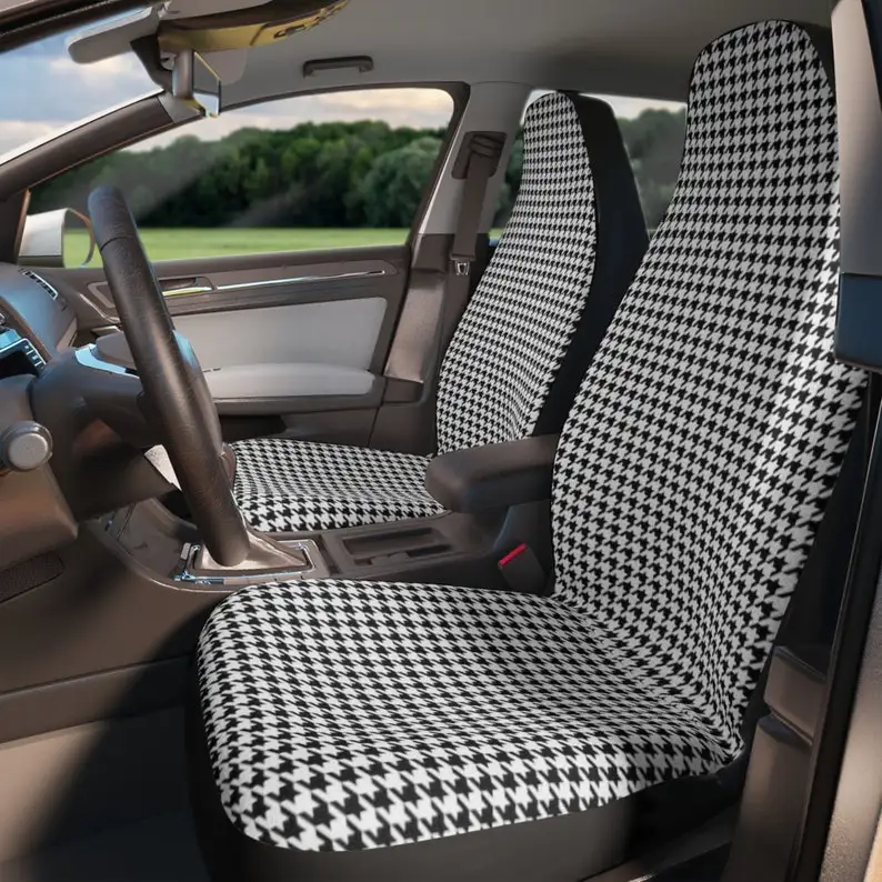 Houndstooth Car Seat Cover for Women Cute, Dainty Elegant Black & White Seat Cover for Vehicle, Simple Neutral Aesthetic Car Dec