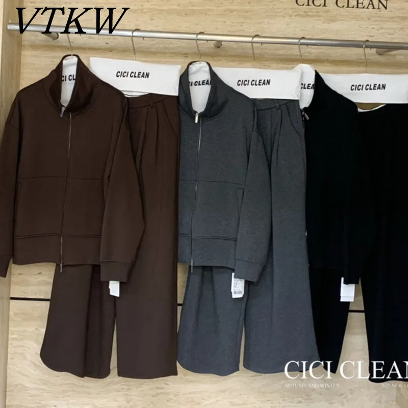 

VTKW Women's 2 Piece Tracksuit Spring 2025 Oversize Zipper Hoodie & Wide Leg Pants Casual Loose Solid color Lady Loungewear Set