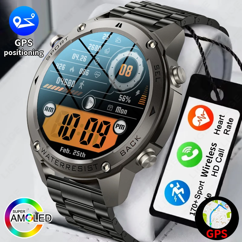 

LIGE New Dual-Band Satellite GPS Sports Smart Watch Men 1.43'' HD Screen Heart Rate Compass 5ATM Waterproof Swimming Smartwatch