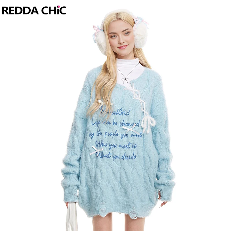 REDDACHiC Baby Blue Ribbon Jumper Top Women Bowknot Graphic Destroyed Pullover Cable Knit Mohair Sweater Lounge Winter Clothes