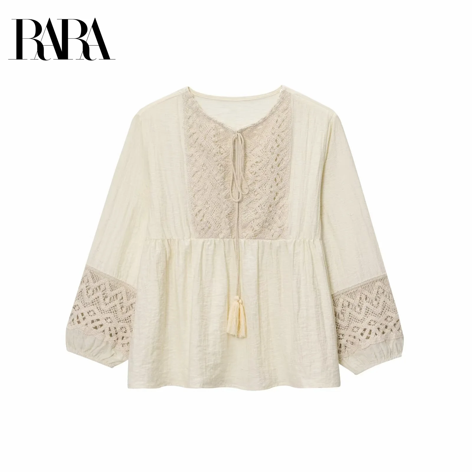

RARA Women's Summer New Crochet Jacquard Cutout Patchwork Casual Elegant V Neck Seven Sleeve Shirt Pullover