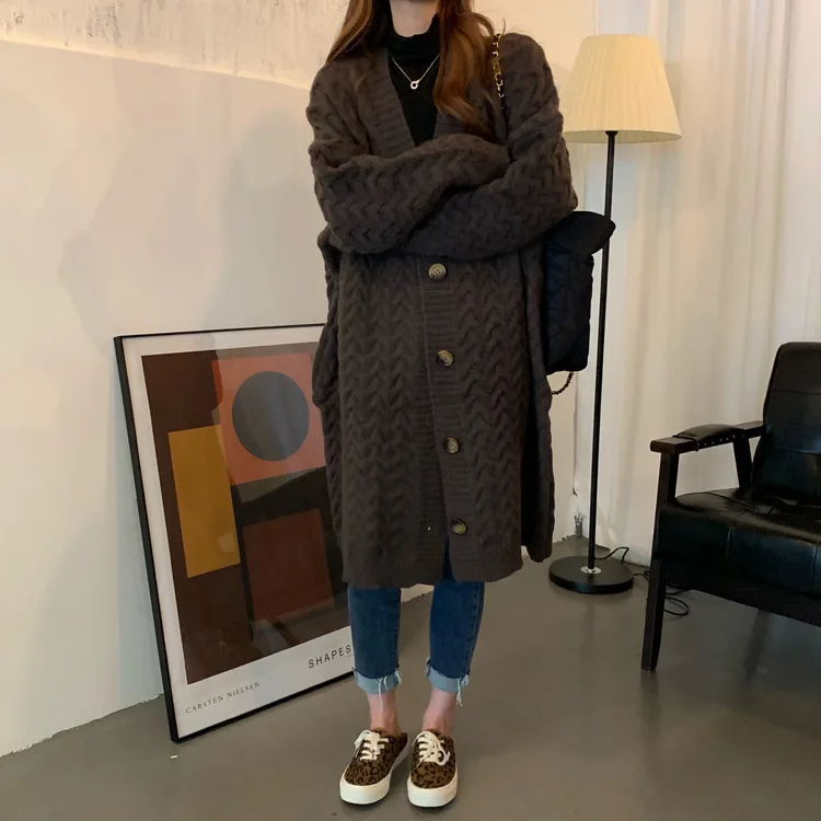 Women's Sweater New Casual Loose European American Fashion Turn Down Collar Knitted Long Coats Cardigan  Sweater Coat