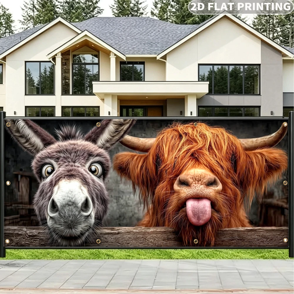 1pc 2D FLAT Funny Donkey And Highland Cow Garden Privacy & Protective Screen, Decorative Polyester Banner, Ideal for Garden