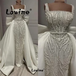 2 In 1 Pearl Evening Dresses Ivory Bride Engagement Gowns Wedding Party Dress Robe De Soiree 2024 Beaded Prom Dresses With Train