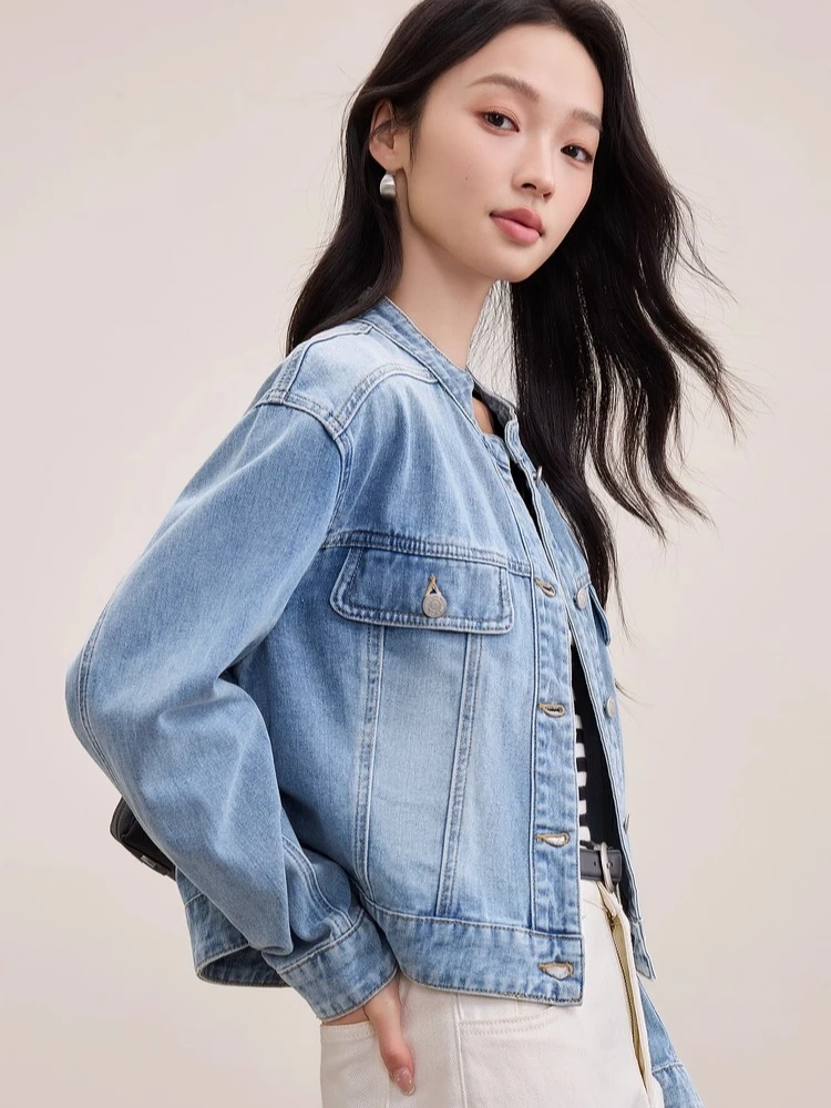 SENTUBILA Cotton Denim Jacket Women's 2025 Autumn Stand-collar Loose Long-sleeve Short Jacket Dropped-shoulder Tops W53WD3020