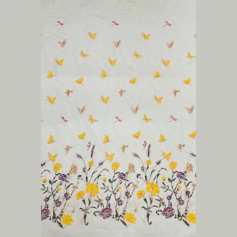 Gelber Schmetterling-Libellen-Blumen-Stickereistoff, Afrikanischer Spitzenstoff – Detail 2