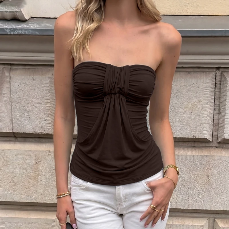Hugcitar Modisches Trägerloses Einfarbiges Gerafftes Drapiertes Sexy Crop-Top für Damen, Sommerliche Freizeitkleidung, Streetwear, Party- und Urlaubs-T-Shirts – Detail 20