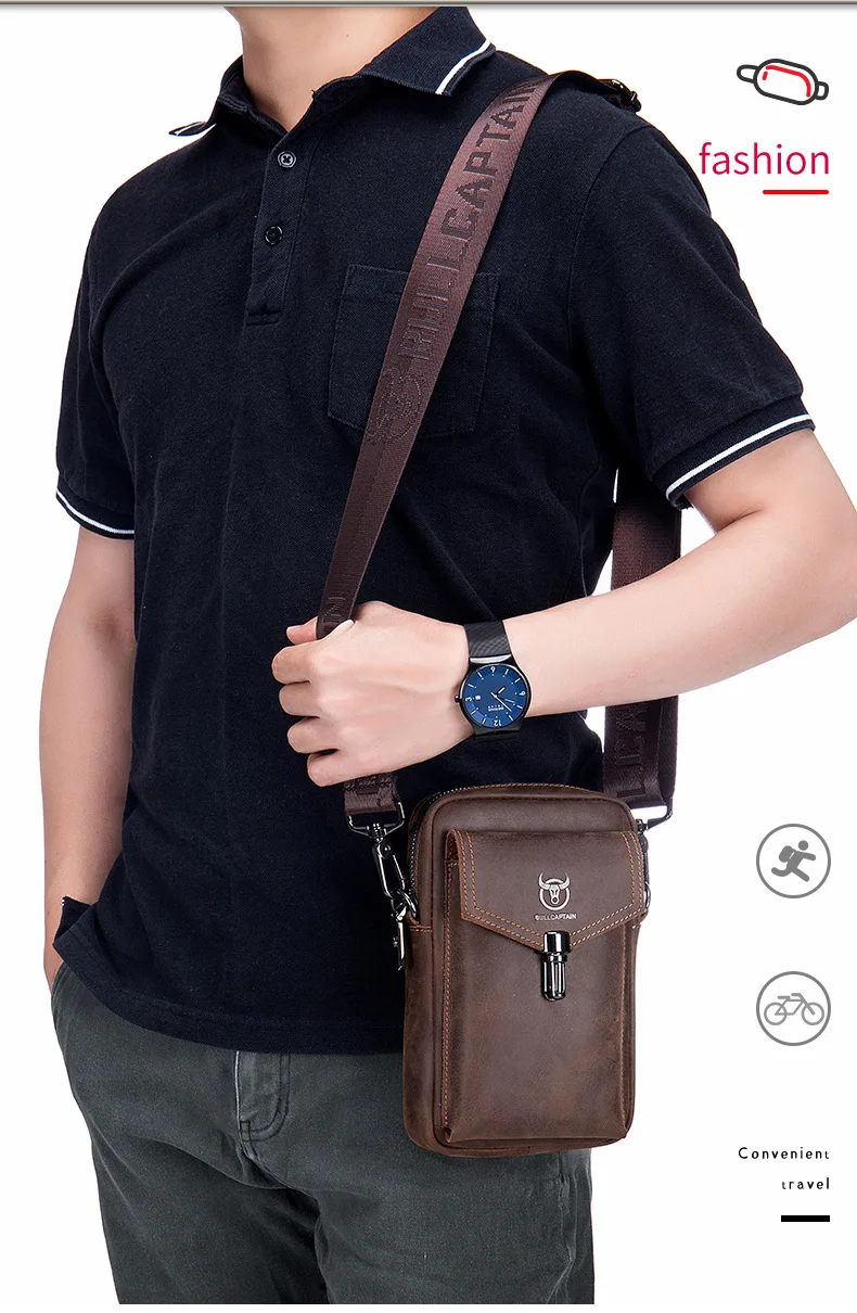 BULLCAPTAIN Crazy Horse Leder Herren Gürteltasche Handy-Hüfttasche Oberste Schicht Rindsleder Einzel-Schulter Crossbody Handytasche – Detail 5