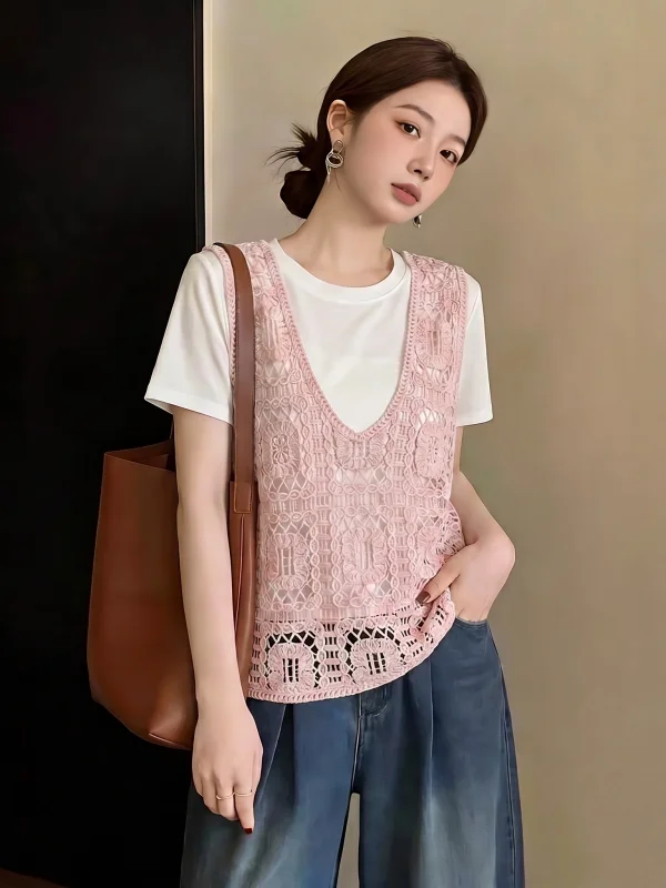 Pink Lace Hollow Knitted Vest Top Women's Summer New plus Size Micro Fat MM Two-Piece Set Commute Style Loose Fit Inner Wear