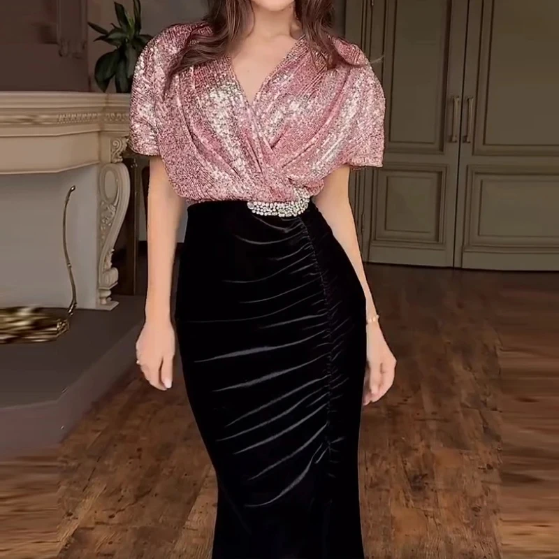 

Banquet Elegant Sequins V-Neck Wrap Dress 2025 Women Retro Patchwork Velvet Long Dress Sexy Glitter High Split Pleat Party Dress