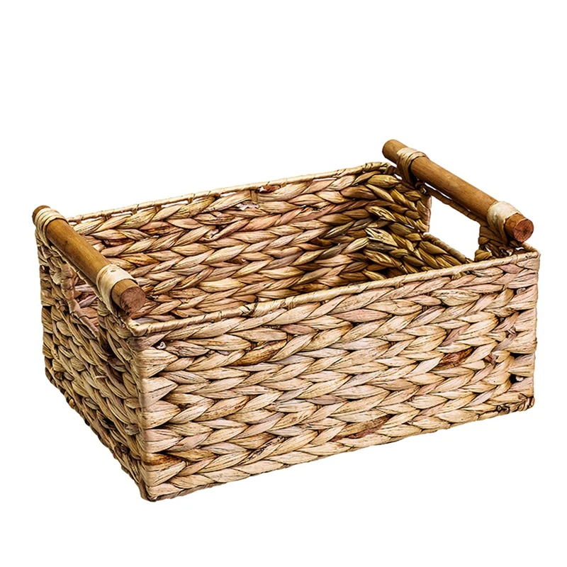 New Wicker Basket Rectangular With Wooden Handles For Shelves,Water Hyacinth Basket Storage,Natural Baskets