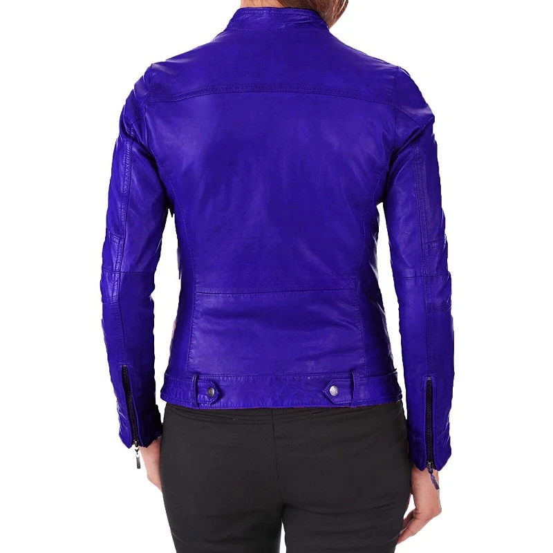 Women Blue Authentic NAPA Natural Leather Jacket Front Zip Up Pockets Coat