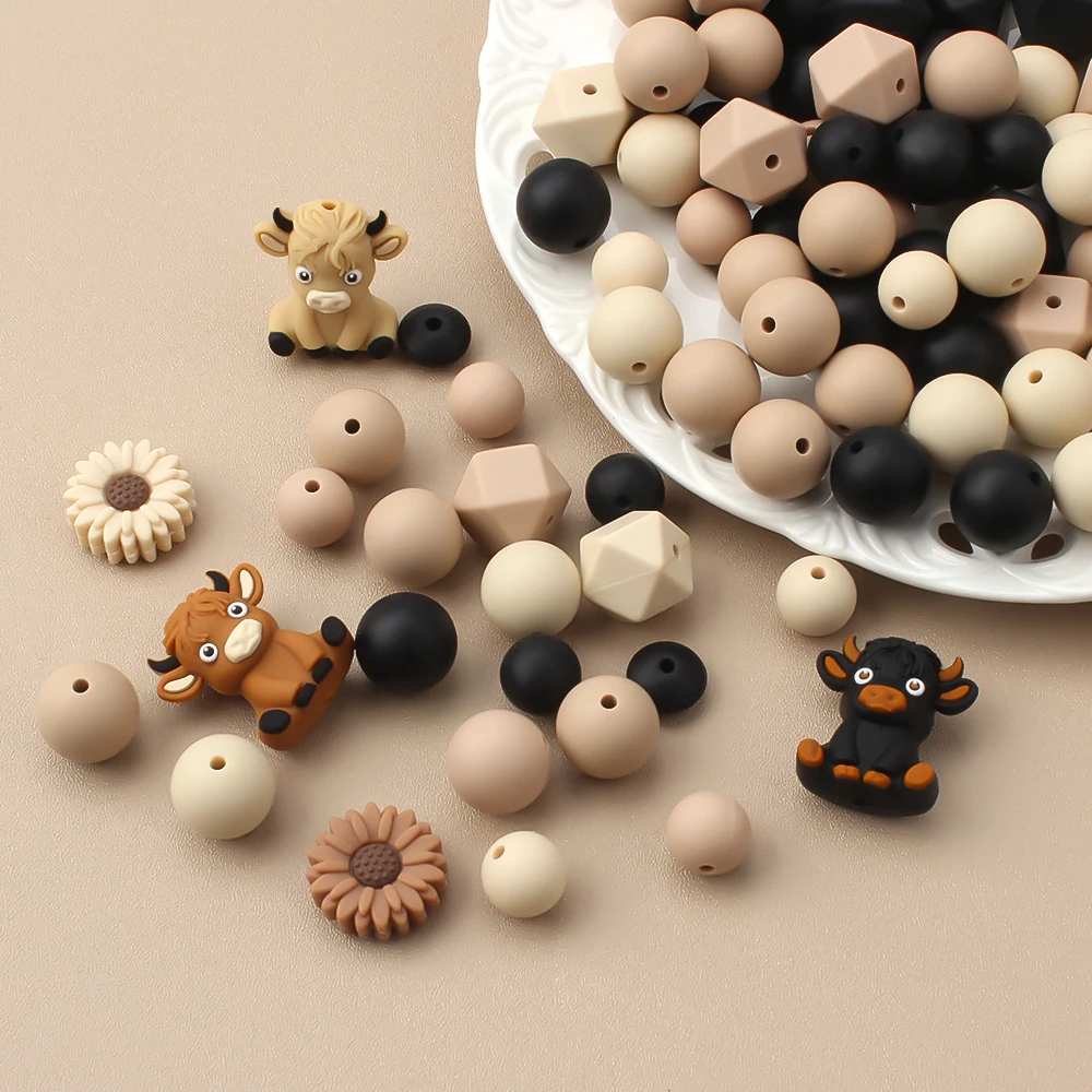 56Pcs/Lot Animal Silicone Beads Kyloe Theme Beads Set For Jewelry Making DIY Bracelet Keychain Jewellery Accessories Gifts