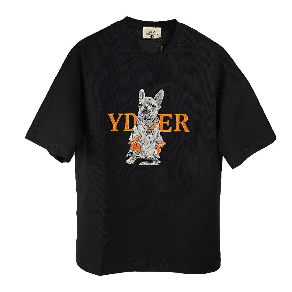

320gsm Heavyweight YDER letter animal embroidery Gym T Shirt for Men Summer Short Sleeve Tee Cotton Top Casual Men's Clothing
