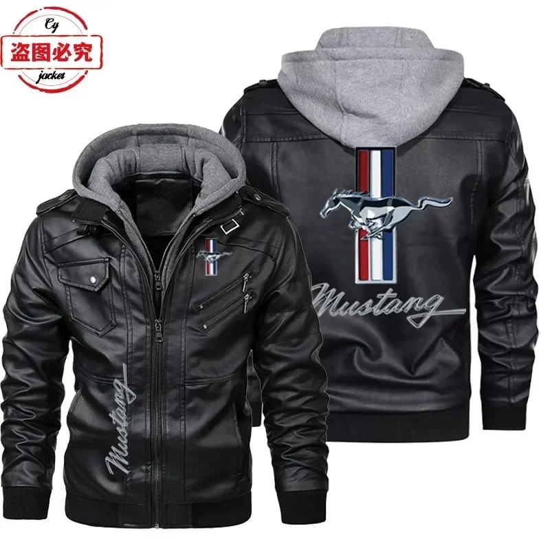 European size car logo print retro washed PU leather Mustang leather jacket men's hooded jacket team racing suit leather jacket