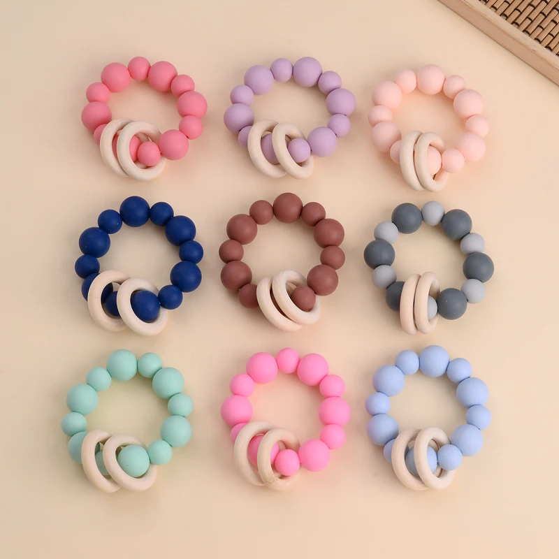 Baby Nursing Bracelets Teether Toys Silicone Beads Wooden Beech Ring Beads Teething Wood Rattles Fidget Toys Newborn Accessories