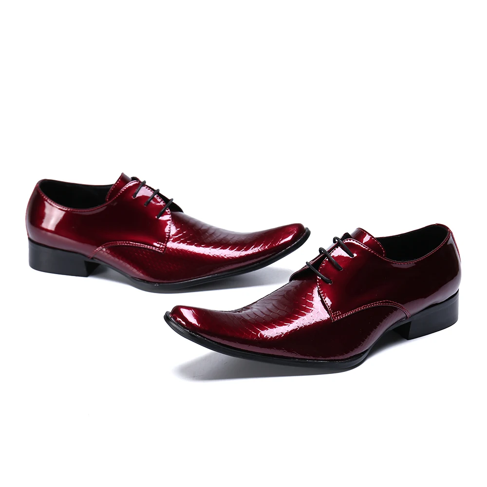 Luxury Red Lacquer Leather Pointed Toe Men Lace Up Shoes Wedding Party Banquet Shoes Elegant Business Big Size Male Formal Shoes