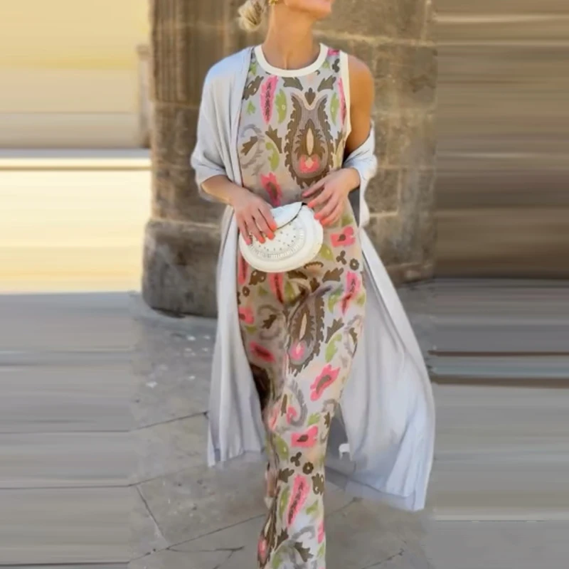 

Повседневный свободный костюм из двух предметов с длинным рукавом и принтом, модный уличный наряд, женское элегантное платье без рукавов и кардиган, пригородный комплект