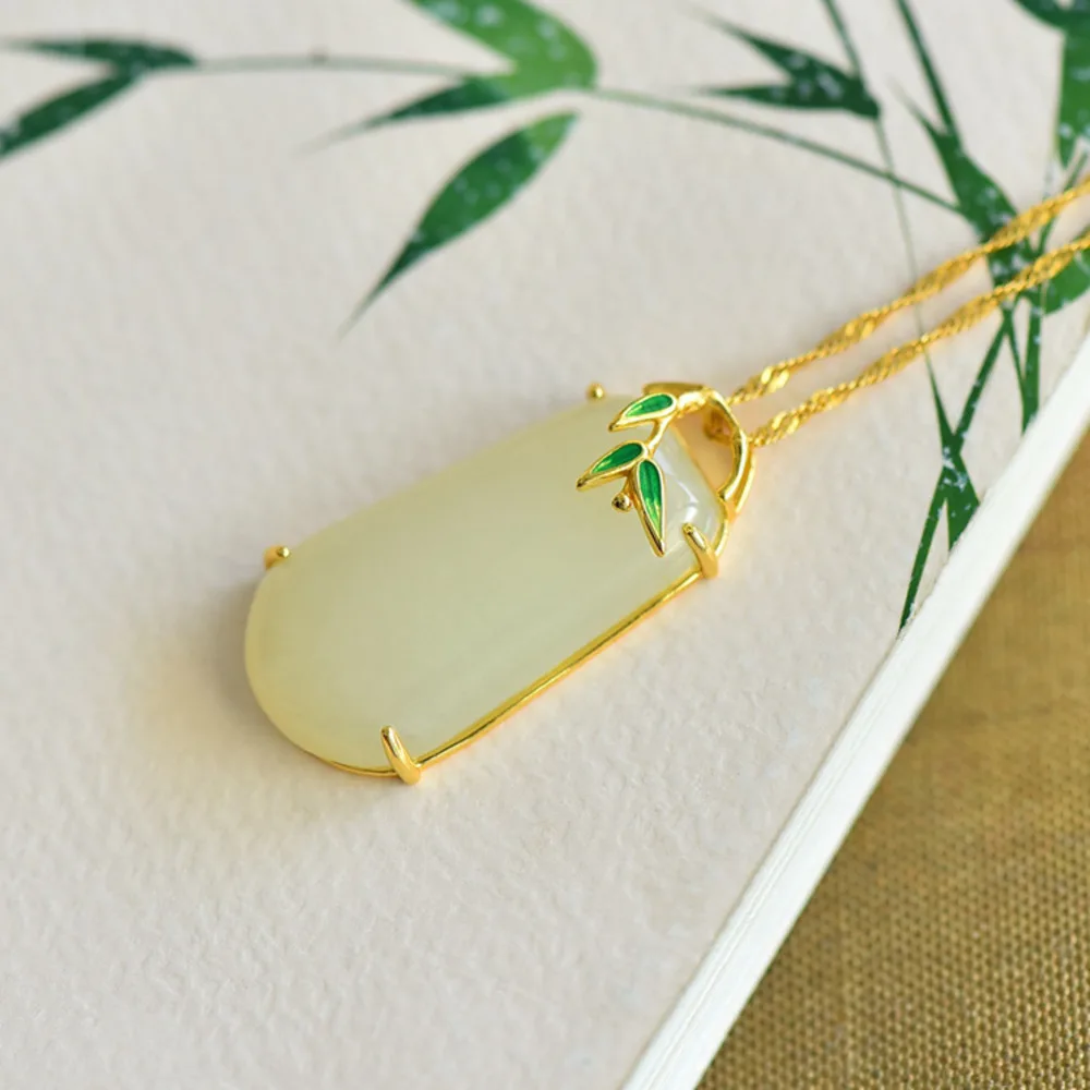 

GL Natural Jade Pendant for Women, Silver-Plated with Cold Enamel Bamboo Leaf, Chinese Trendy Hetian Jade Necklace - Ideal Gift