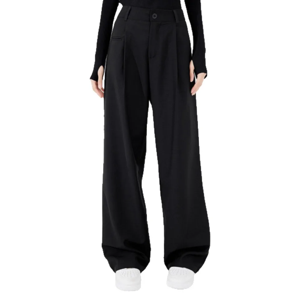 2025年新作通勤レトロブラックハイウエスト細身スーツストレートドレープモップワイドレッグヨーロッパとアメリカ