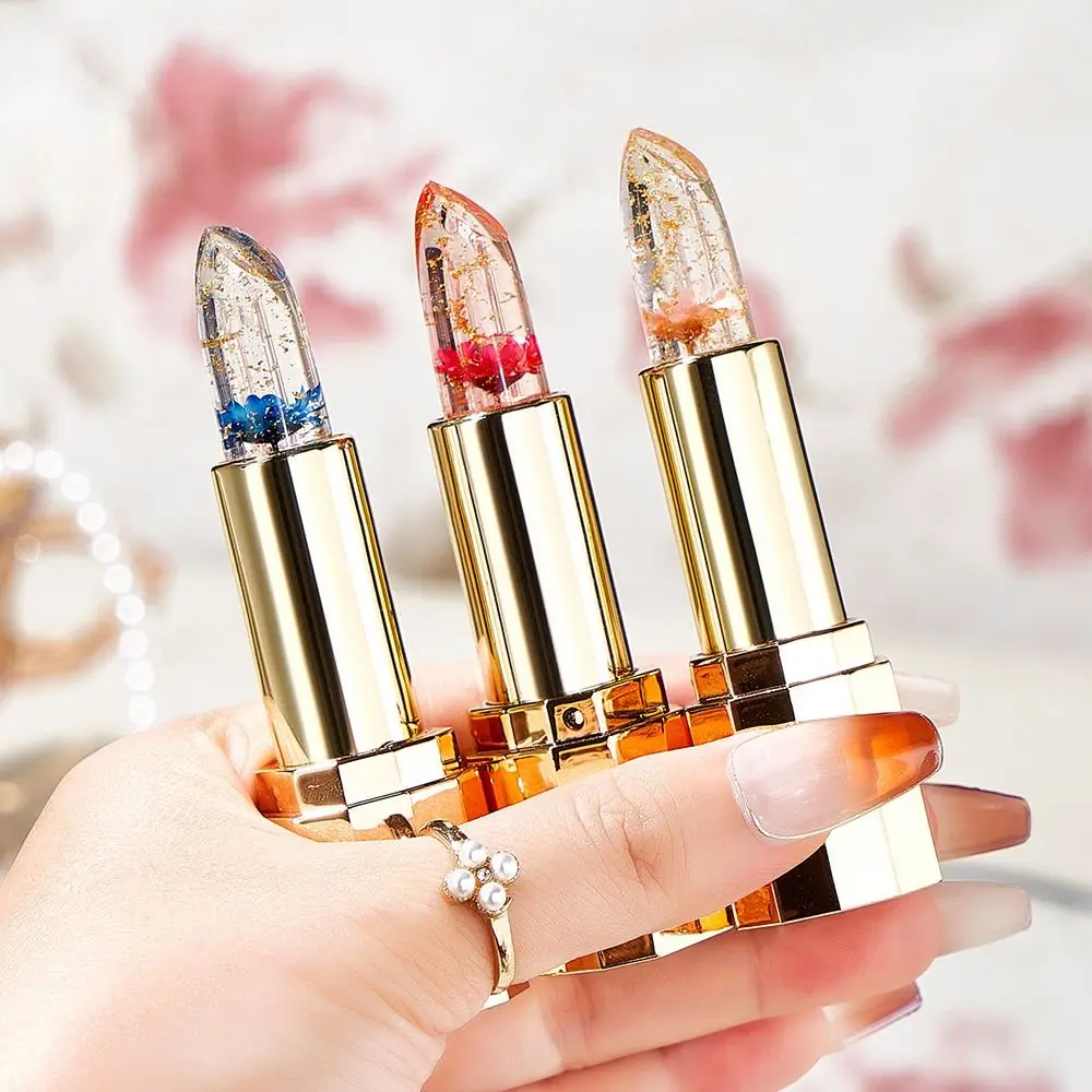 Transparent Jelly Flower Lipstick Nourishing Moisturizing Lip Gloss Temperature Color Change Long Lasting Gold Foil Lipstick