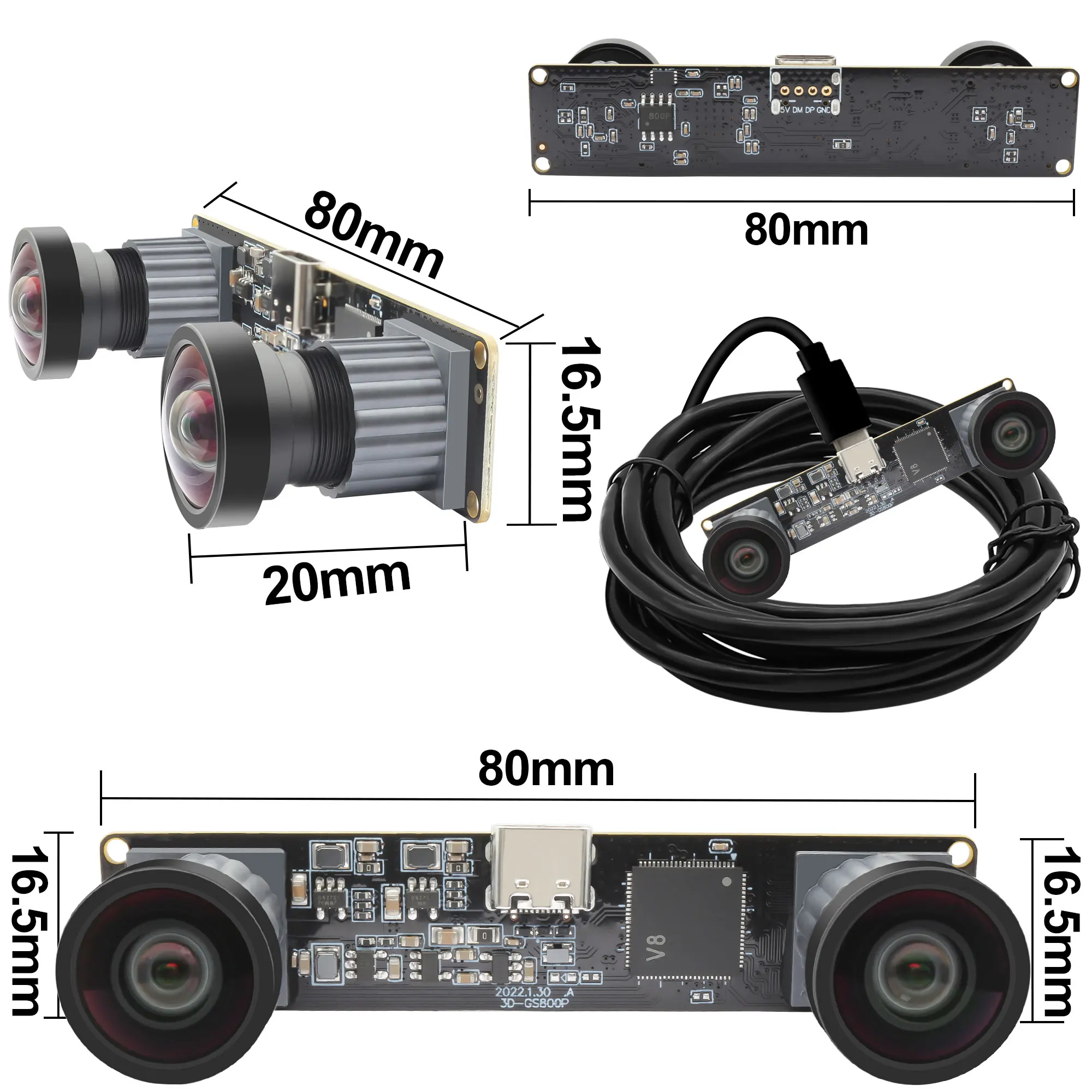 Módulo de cámara USB estéreo monocromático ELP 800P 120fps obturador Global sin distorsión cámara web USB de doble lente sincronizada para VR,Robot