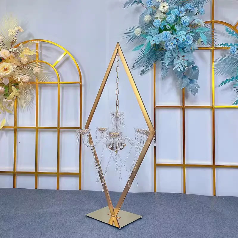 Luxury Wedding Gold Metal Tall Diamond Table Centerpieces with Candle Holder for Wedding Backdrop Arch Stage Decor