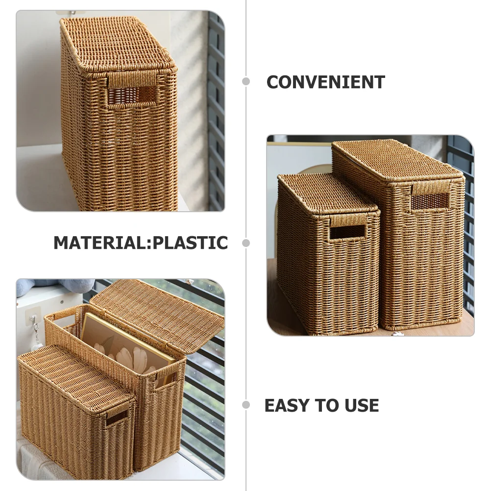 Wicker Storage Baskets Lids Rectangular Woven Shelf Baskets Rattan Storage Bins Laundry Hamper Magazine Basket Narrow