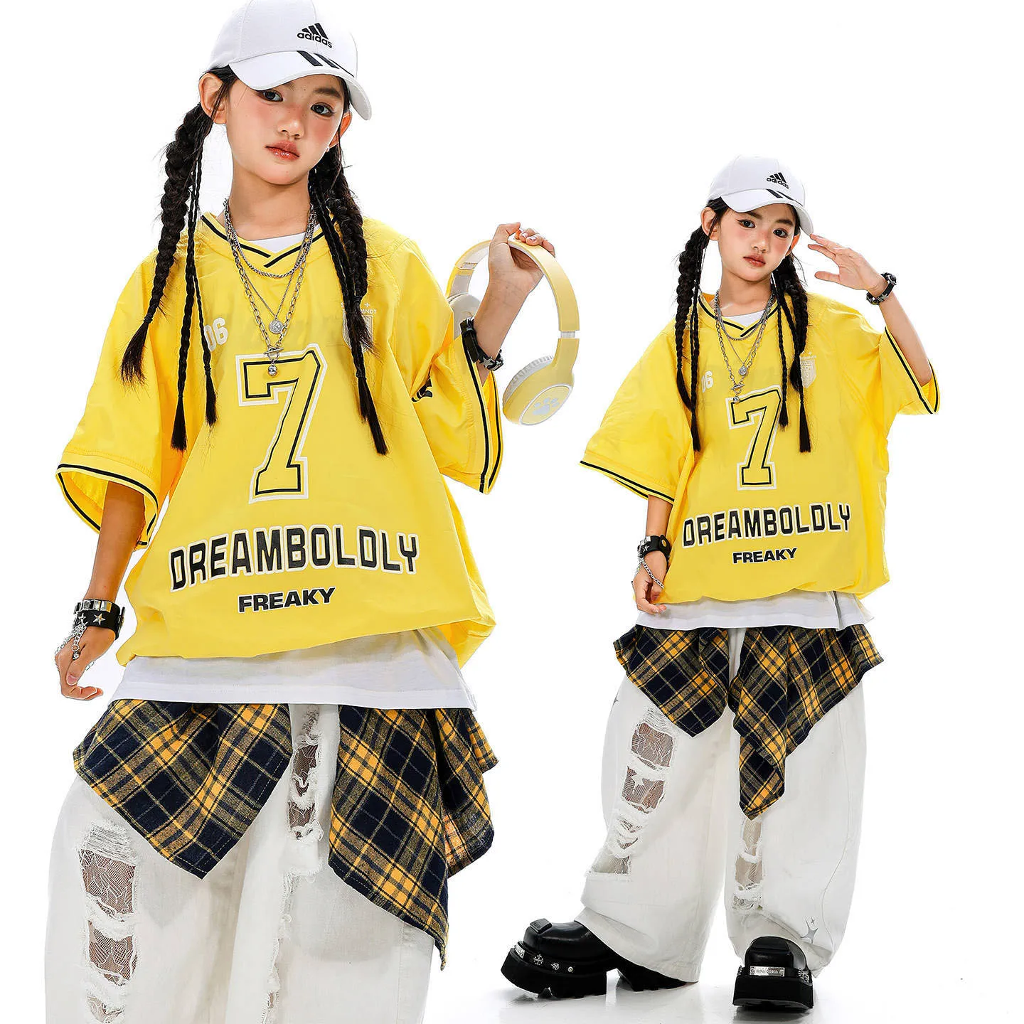 

Kid Kpop Hip Hop Clothing Yellow Jersey T Shirt Top White Casual Wide Ripped Sweat Pants for Girl Boy Jazz Dance Costume Clothes