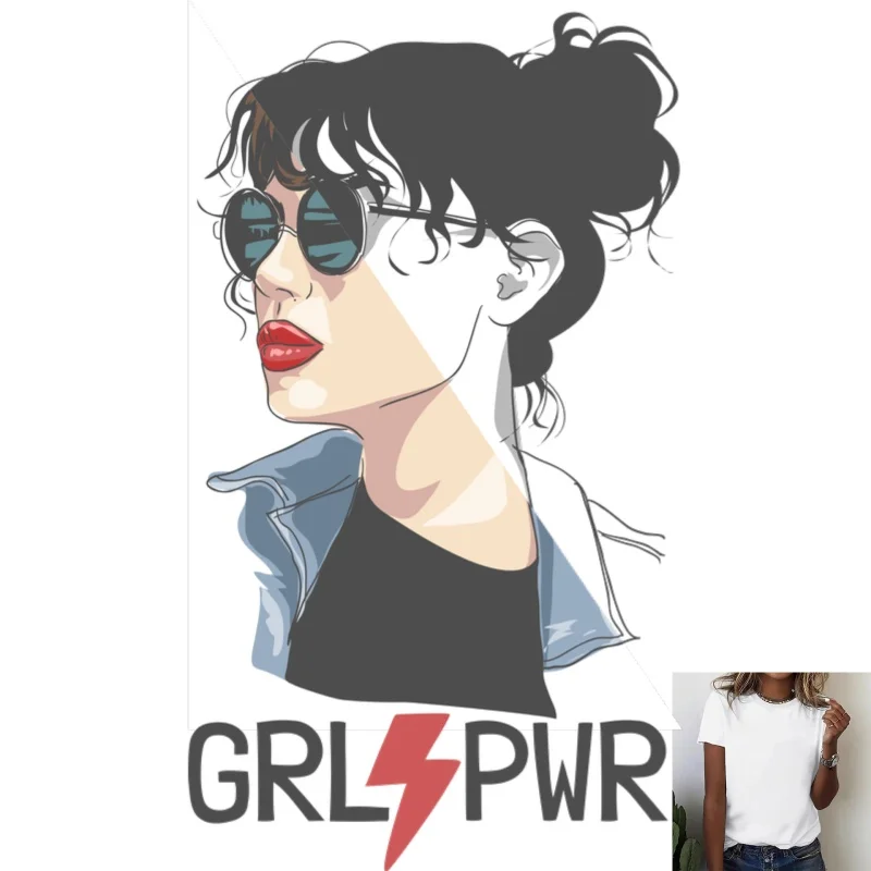 Trendy Cool Girl with Sunglasses & Red Lips 'GRL PWR' Heat Transfer White Ink Iron - on, Suitable for T - Shirts/Canvas Bags,