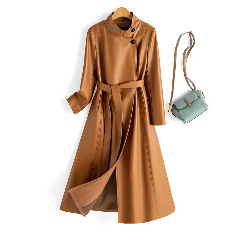 Cappotto in pelle da donna nuovo primavera autunno elegante moda colletto alla coreana manica lunga trench lungo cappotto casual in pelle crosta