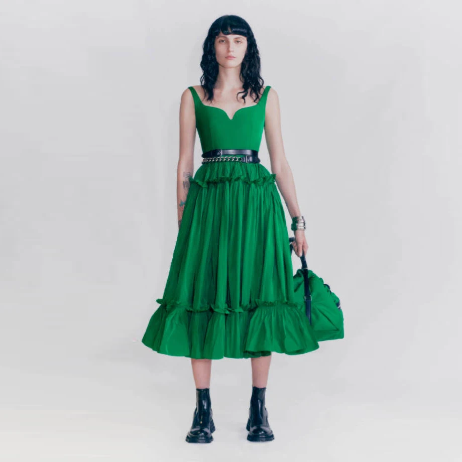 

Trendy Skirt Women Pleated Midi Length Custom Tiered Long A Line Skirts Green Fashion