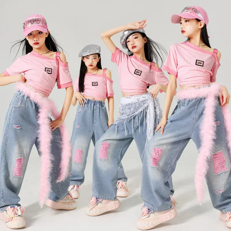Mädchen K-pop Sets Süße Crop Top Rosa Jeans Hip Hop Kleidung Kinder Jazz Zerrissene Denim Hosen Kinder Streetwear Street Dance kostüm