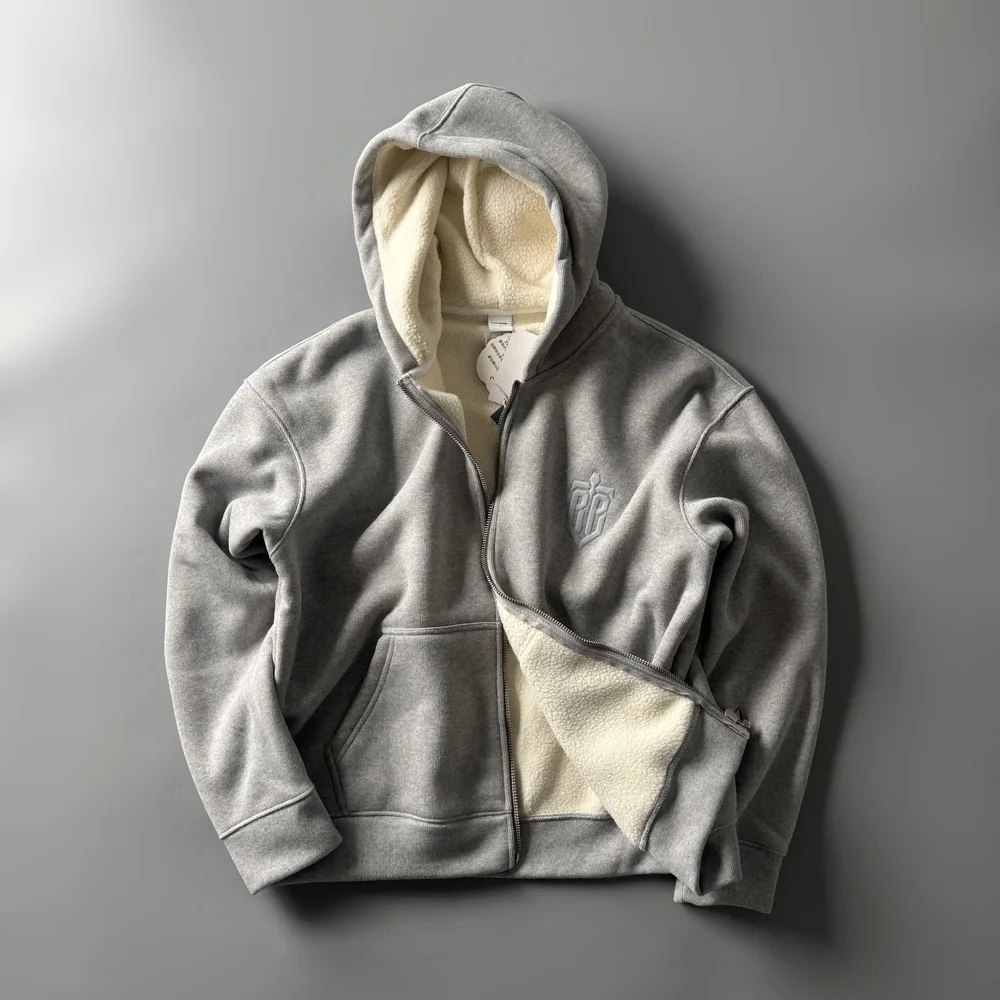 

American Retro Thiened Fce Hoodie Casual Warm Outerwear Men's Autumn Winter Loose Cold-resistant Zipper Closure Sweatirt