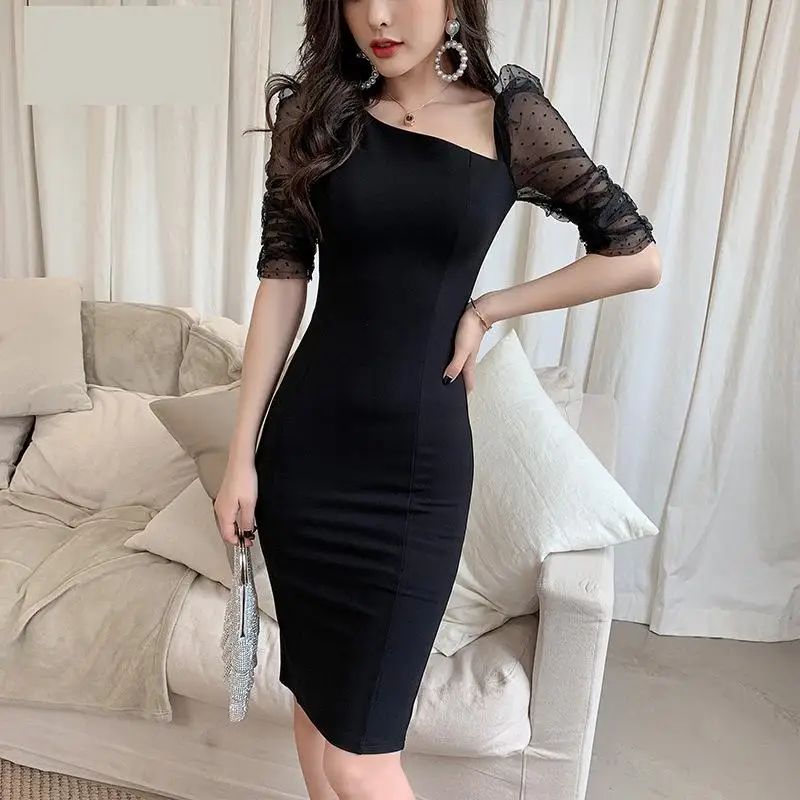 

Black Lace Sleeve Summer New Women Prom Party Dress Slim Tight Satin Cheongsam Vestidso Sexy Short Qipao Robe De Soiree