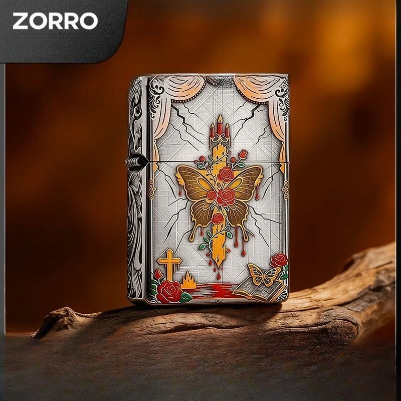 2026 Zorro Rose Butterfly Cross Kerosine Lighter, Armor High-looking Creative 520 Gift for Boyfriend, Retro High-end Personality