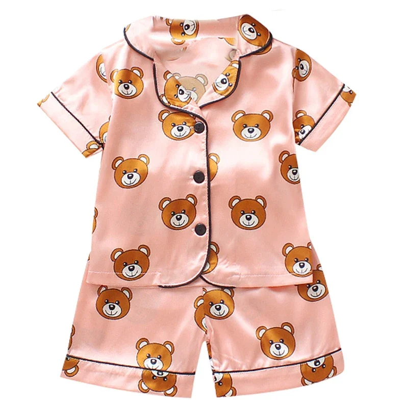 home Wear Long Sleeve Baby suit Kids Clothes Toddler Boys Girls Ice silk satin Cartoon little bear Tops Pants Set for Children\'s