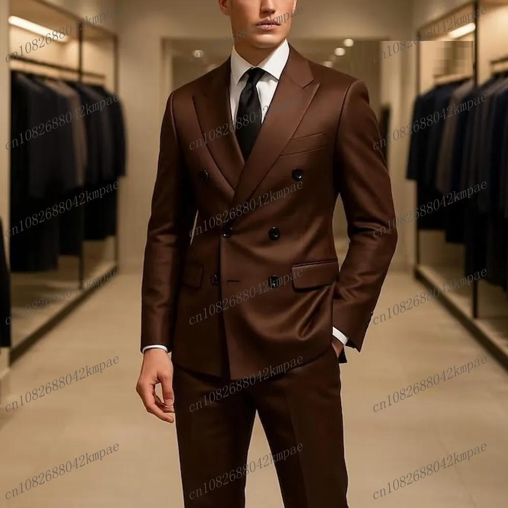 

Темно-коричневый ацетатный атласный деловой мужской костюм для жениха, жениха, свадебной вечеринки, выпускного вечера, деловые мужские смокинги, комплект из 2 предметов, пиджак, брюки