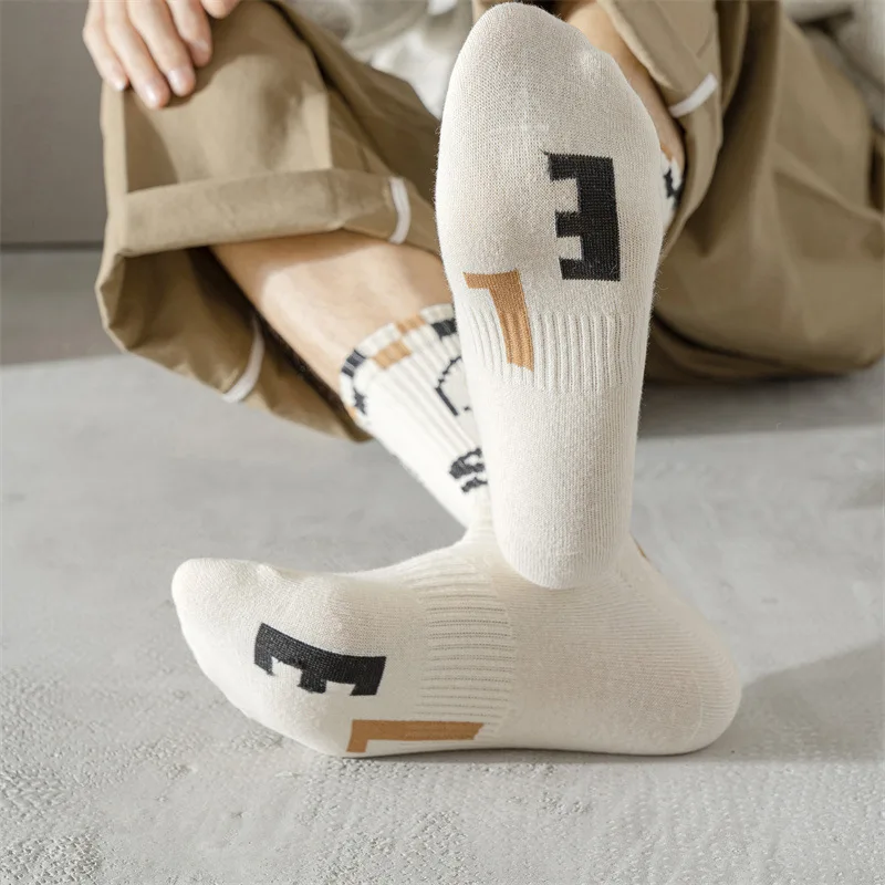 Women'S Stockings Color Match Middle Tube Cotton Socks Unisex Couple White Stockings Breathable Printing Long Socks Uniform Size