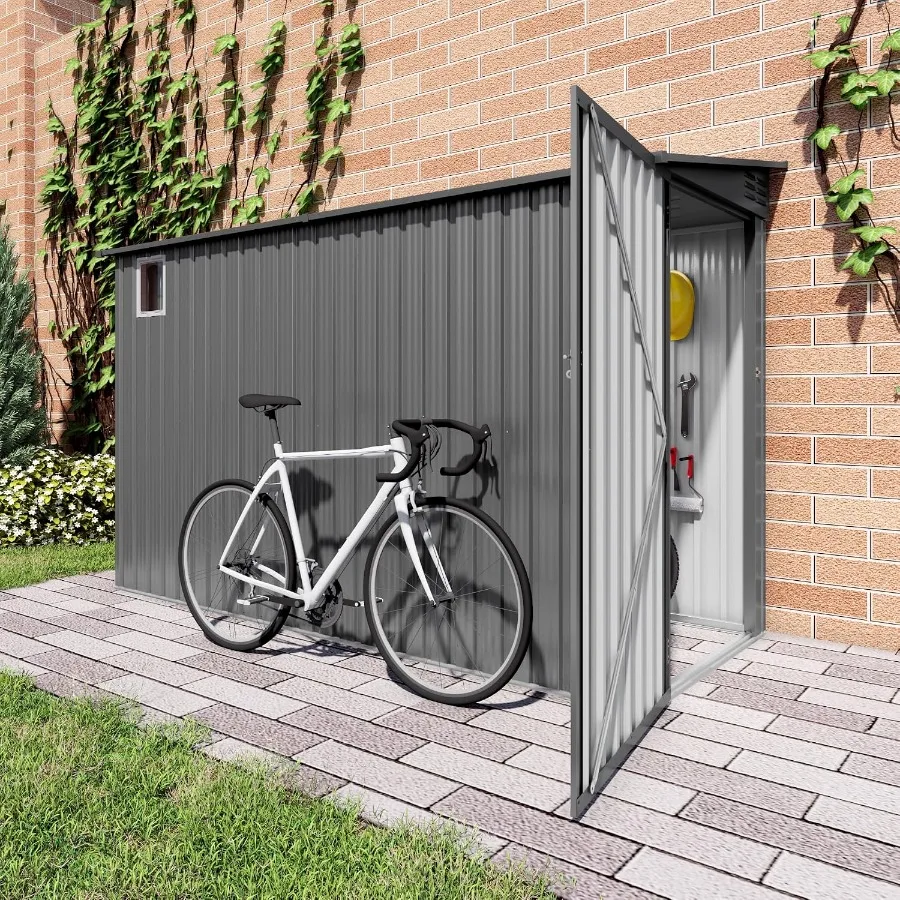 Feet Metal Lean-to Shed with Window Lockable Door for Outdoor Storage, Galvanized Steel, Gray, Rust-Resistant and Weatherproof