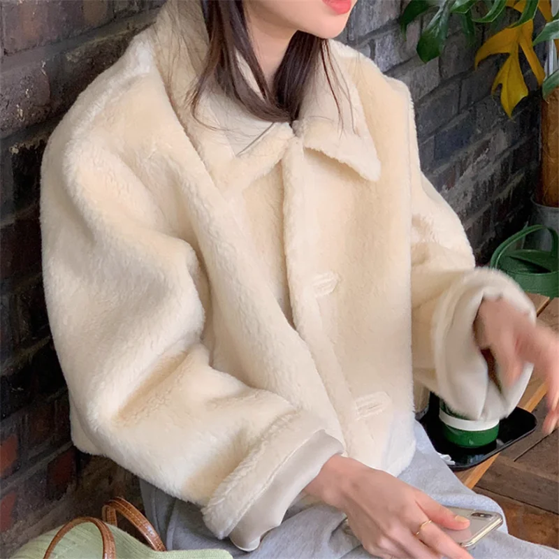 Korean Chic Fall Winter Black Apricot Short Coat Double-sided Long Sleeve Padded Thick Jacket Splicing Faux Leather Fur Outwear
