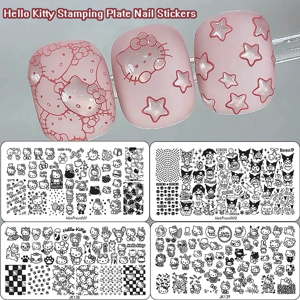 1 foglio Cartoon Hello Kitty Stamping Piastra Adesivi per unghie Cute Kitty Kuromi Anime Disegni Modelli in acciaio per unghie Adesivi per le donne